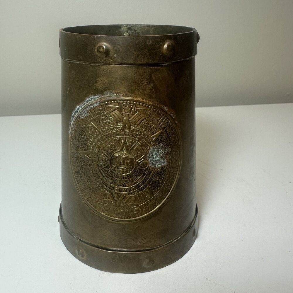 Copper Brass Aztec Mayan Calendar Mug Tankard Handled Decorative Vessel